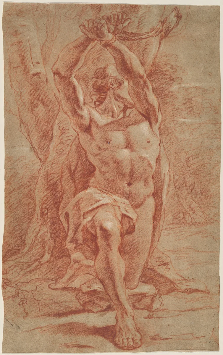 Kneeling Man Bound to a Tree by French 17th Century, drawing, 1685-1695