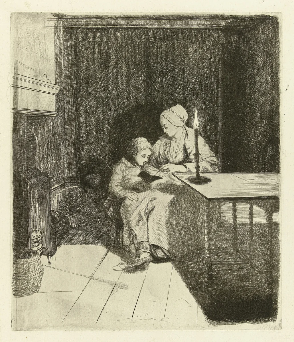 Moeder geeft haar zoon les by Louis Bernard Coclers, print, 1756-1817