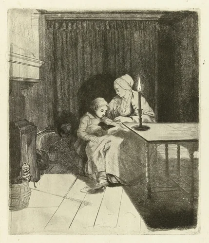 Moeder geeft haar zoon les by Louis Bernard Coclers, print, 1756-1817