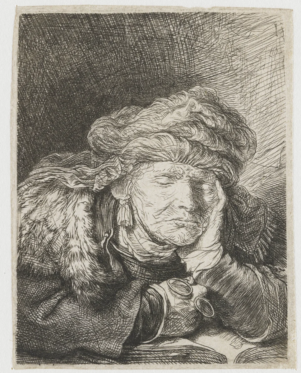 Old Woman Sleeping by Rembrandt van Rijn, print, 1636