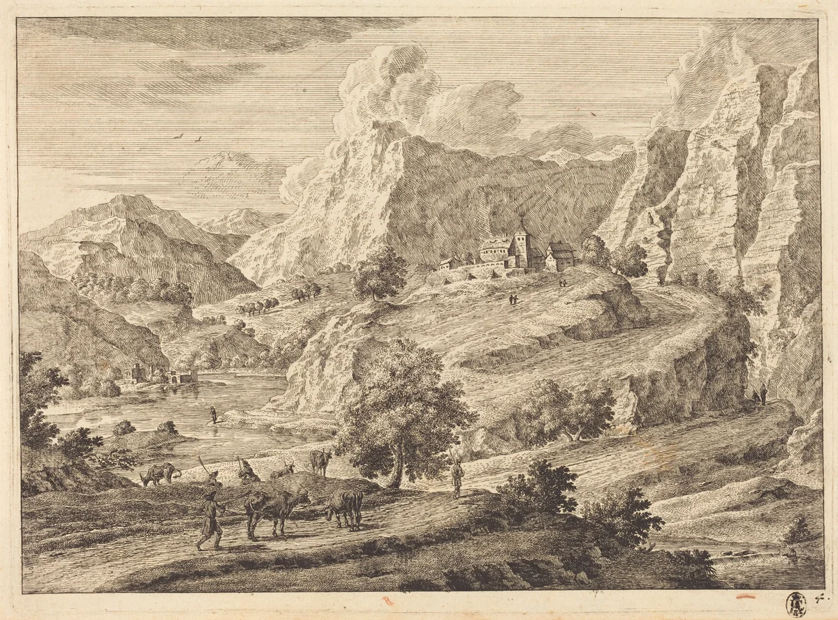 Mountainous Landscape with Figures and a Monastary by Georg Eisenmann, print, 1719-1826