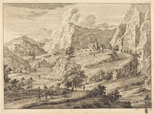 Mountainous Landscape with Figures and a Monastary by Georg Eisenmann, print, 1719-1826