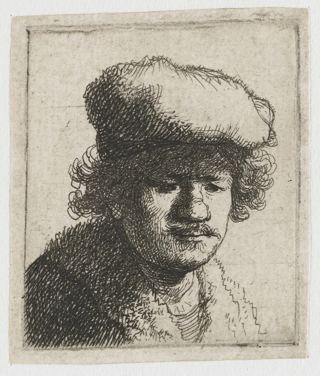 Self-portrait with cap pulled forward by Rembrandt van Rijn, print, 1630