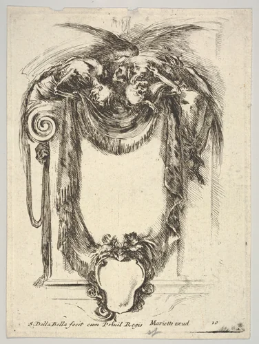A cartouche formed by drapery and topped with two skeletons atop an Ionic entablature, plate 10 from "Nouvelles inventions de Cartouches" by Stefano della Bella, print, 1647