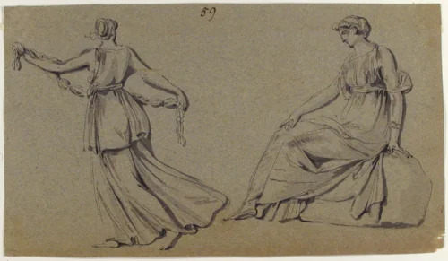 Scene of Dancing Maiden and Seated Woman by anonymous, drawing, 1700-1799