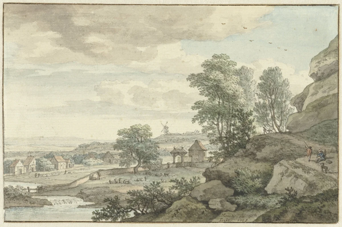 Gezicht in de omgeving van Bentheim by Isaac de Moucheron, drawing, 1743