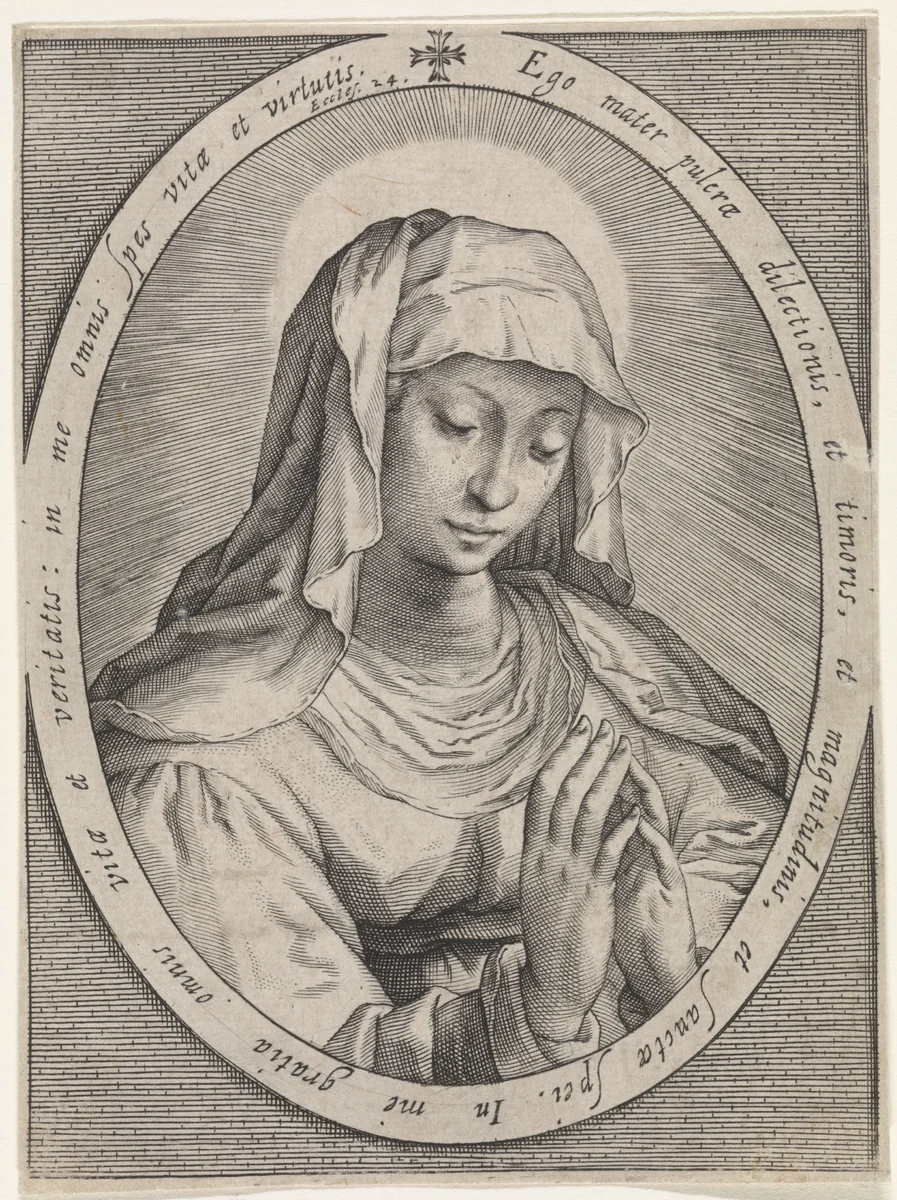 Buste van Maria, in ovaal by Jacob Matham, print, 1588-1602