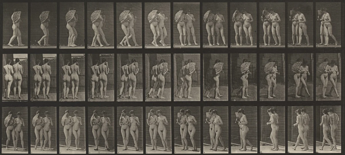 Plate Number 54. Two women walking arm in arm and turning around; one flirting a fan by Eadweard Muybridge, photograph, 1887