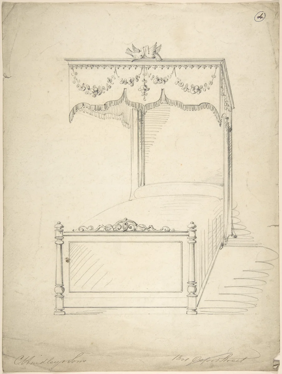 Design for Bed with Canopy by Charles Hindley and Sons, drawing, 1841-1884