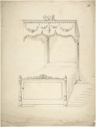 Design for Bed with Canopy by Charles Hindley and Sons, drawing, 1841-1884