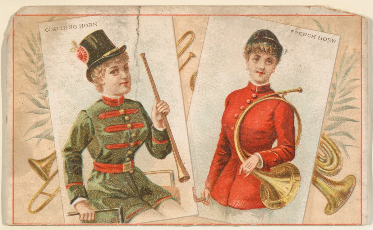 Coaching Horn and French Horn, from the Musical Instruments series (N121) issued by Duke Sons & Co. to promote Honest Long Cut Tobacco by W. Duke, Sons & Co., print, 1888