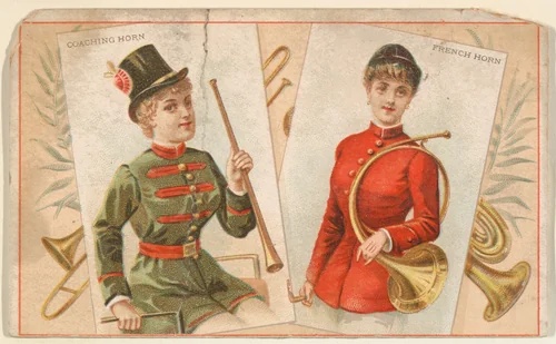 Coaching Horn and French Horn, from the Musical Instruments series (N121) issued by Duke Sons & Co. to promote Honest Long Cut Tobacco by W. Duke, Sons & Co., print, 1888