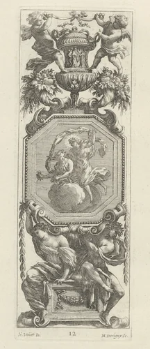 Ornamental Panel Surmounted by Two Putti and a Vase by Michel Dorigny; Simon Vouet, print, 1647