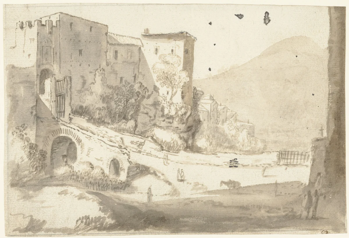 Italiaans landschap met links een stadspoort by Cornelis van Poelenburch, drawing, 1600-1667