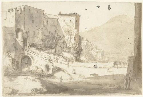 Italiaans landschap met links een stadspoort by Cornelis van Poelenburch, drawing, 1600-1667