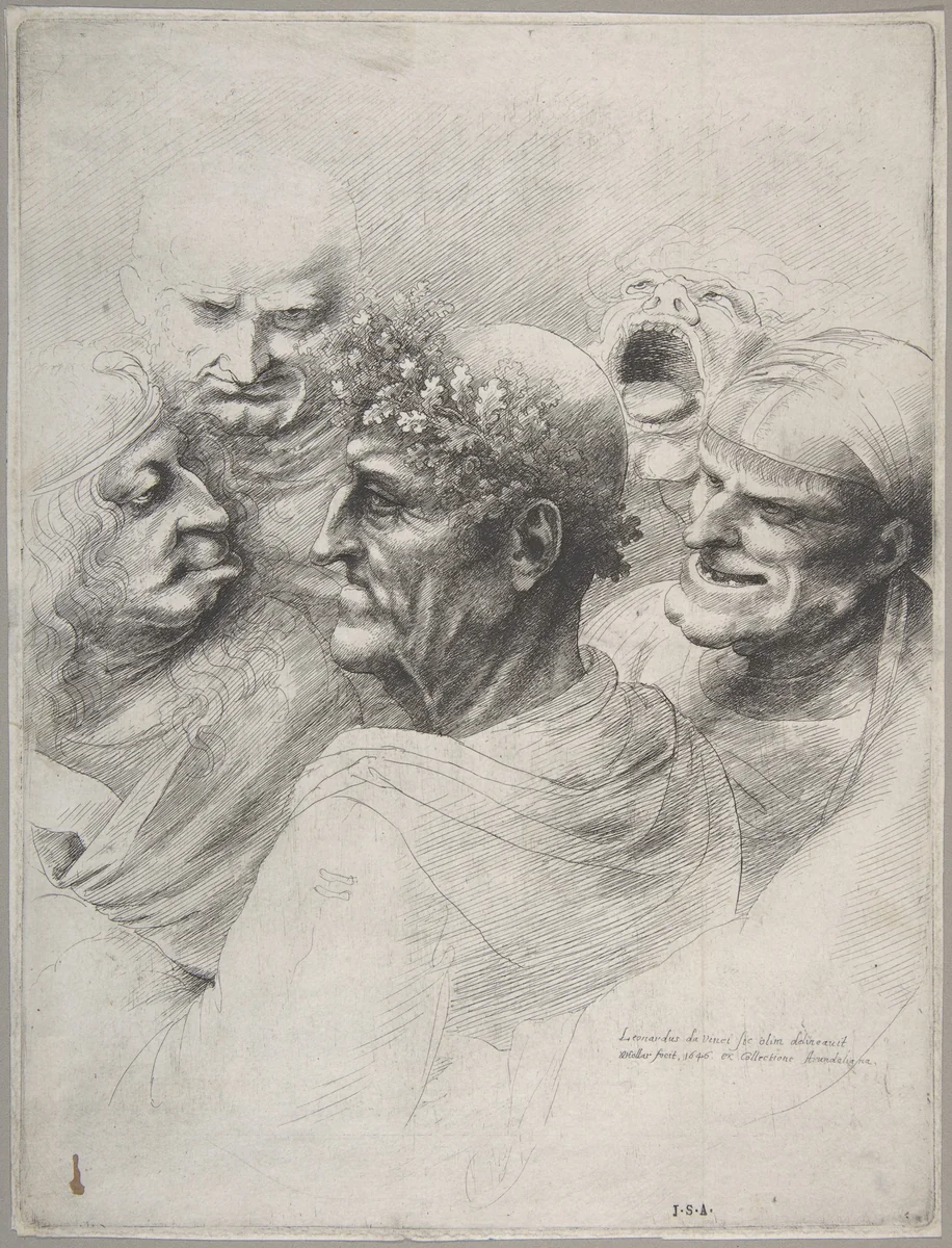 Five grotesque heads, including an elderly man with an oak leaf wreath by Wenceslaus Hollar, print, 1646