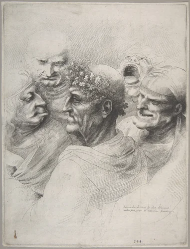 Five grotesque heads, including an elderly man with an oak leaf wreath by Wenceslaus Hollar, print, 1646