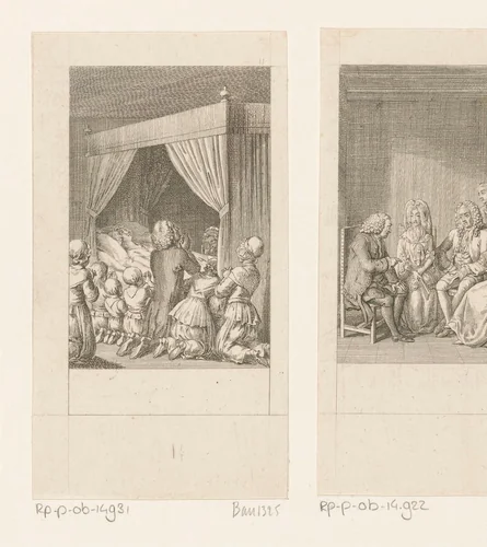 Mr. Albany bidt met zijn kinderen en dienstmeisjes naast het bed van de bewusteloze Cecilia by Daniel Nikolaus Chodowiecki, print, 1787