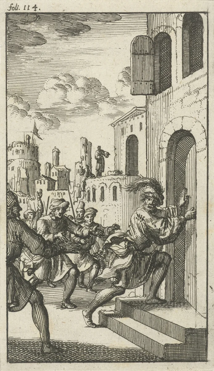 Man vlucht tijdens een achtervolging een huis binnen by Jan Luyken, print, 1685