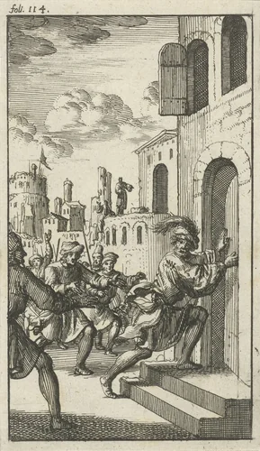 Man vlucht tijdens een achtervolging een huis binnen by Jan Luyken, print, 1685