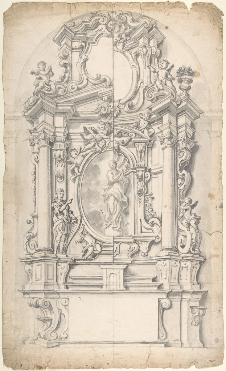 Halved Variant Designs for an Altar with the Virgin of the Immaculate Conception in the Central Cartouche by anonymous, drawing, 1700-1780