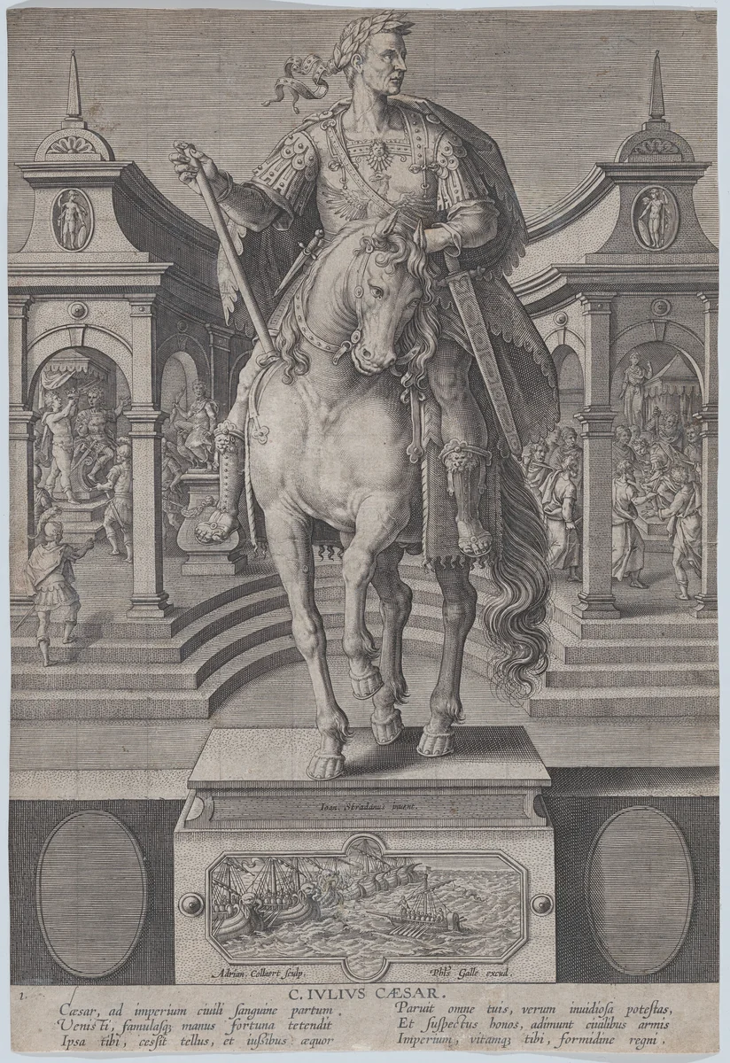 Plate 1: equestrian statue of Julius Caesar, seen from the front, with a scene of a naval battle on pedestal below, from 'Roman Emperors on Horseback' by Adriaen Collaert, print, 1582-1594