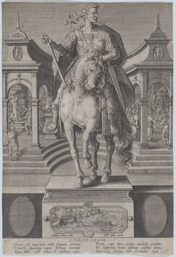Plate 1: equestrian statue of Julius Caesar, seen from the front, with a scene of a naval battle on pedestal below, from 'Roman Emperors on Horseback' by Adriaen Collaert, print, 1582-1594
