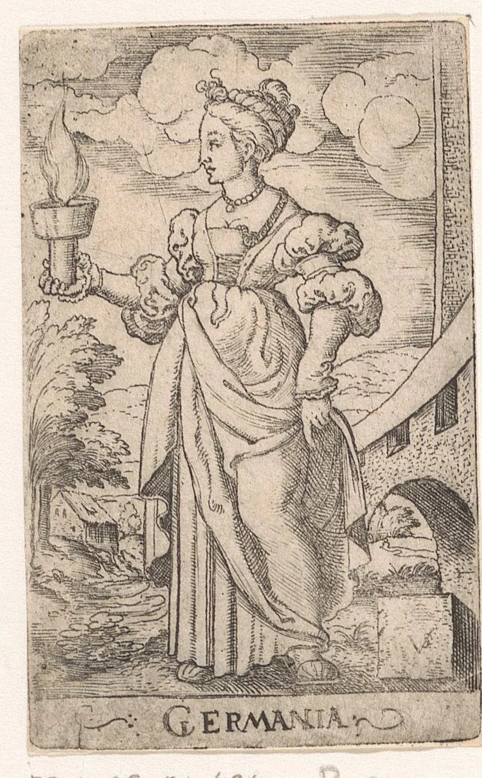 Personificatie van Duitsland als wijze maagd by Unknown, print, 1524-1562