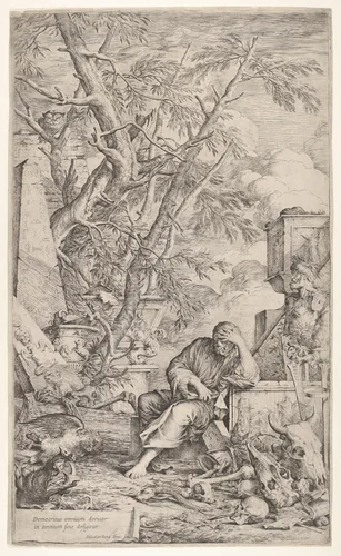 Democritus in Meditation by Salvator Rosa, print, 1662