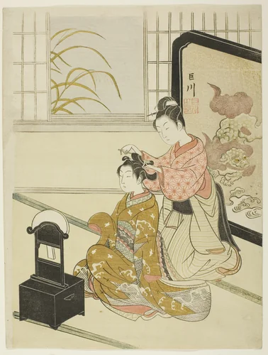 The Autumn Moon in the Mirror (Kyodai no shugetsu), from the series "Eight Views of the Parlor (Zashiki hakkei)" by Suzuki Harunobu (鈴木春信), print, 1761-1771