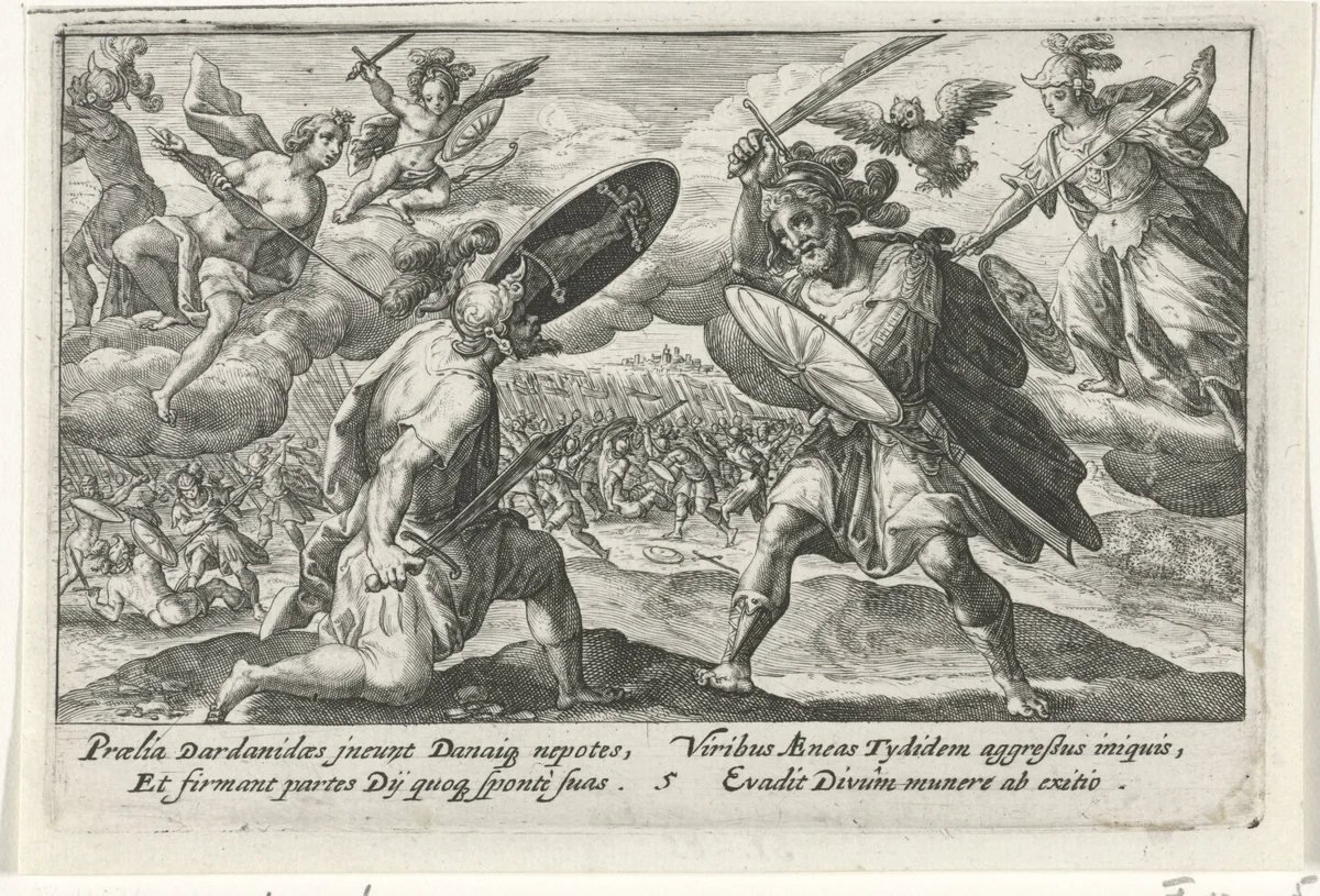 Het gevecht tussen Aeneas en Diomedes by Crispijn van de Passe, print, 1613