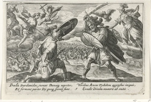 Het gevecht tussen Aeneas en Diomedes by Crispijn van de Passe, print, 1613