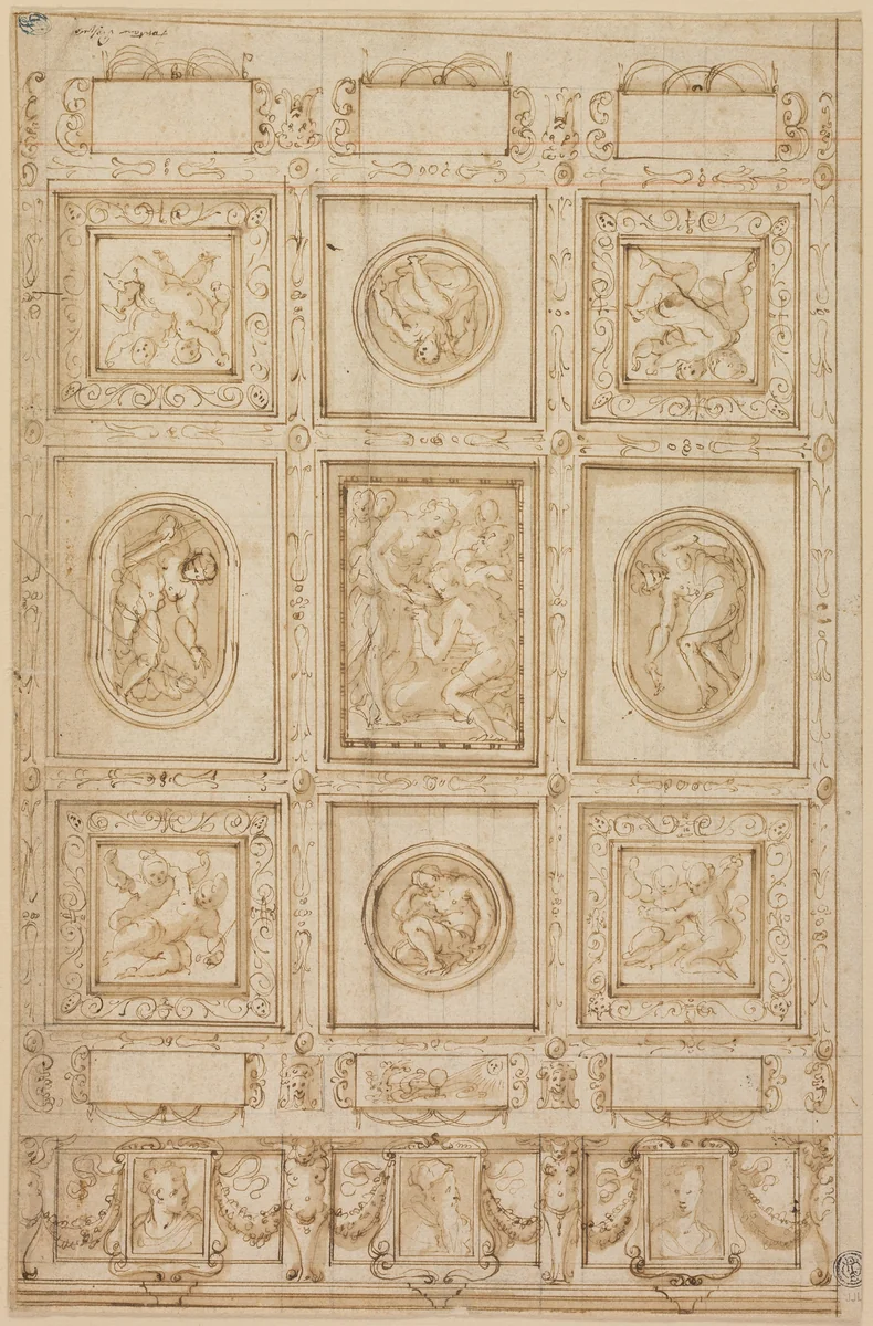 Study for a Ceiling Decoration, with Rebecca and Eliezer at the Well (recto); Study for a Ceiling Decoration (verso) by Giorgio Vasari, drawing, 1569-1573