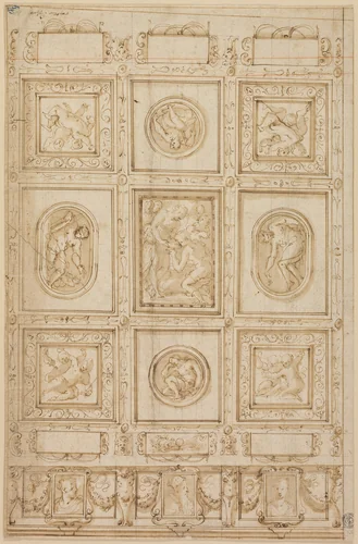 Study for a Ceiling Decoration, with Rebecca and Eliezer at the Well (recto); Study for a Ceiling Decoration (verso) by Giorgio Vasari, drawing, 1569-1573