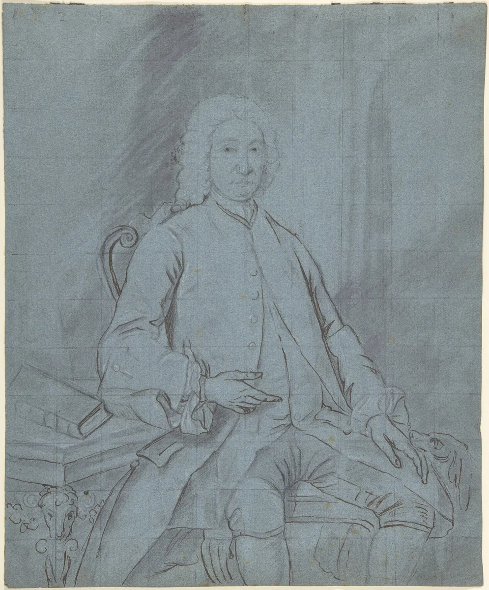 Three-quarter length portrait study of a man seated at a desk with a dog by Joseph van Aken, drawing, 1735-1765