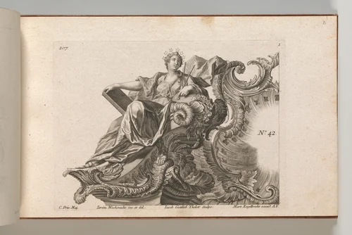 Design for a Rocaille Cartouche with the Figure of Prudentia, Plate 1 from an untitled series with architectural cartouches and allegorical figures by Jacob Gottlieb Thelot, book, 1745-1755