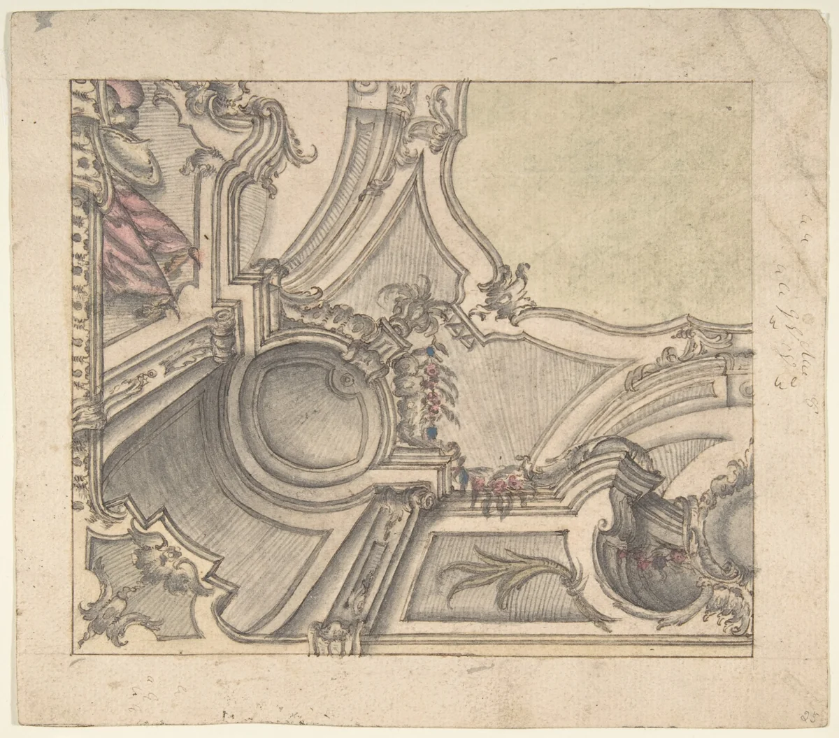 One Quarter of a Design for a Painted Ceiling (recto); Frieze with Putto, Vases, and Other Decorations (verso) by anonymous, drawing, 1700-1780