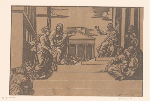 Marta leidt Maria Magdalena naar de tempel by Unknown, print, 1554-1572