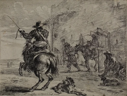 Rearing Horse, Near a Stable, plate one from Series of Horses by Dirck Stoop, print, 1651