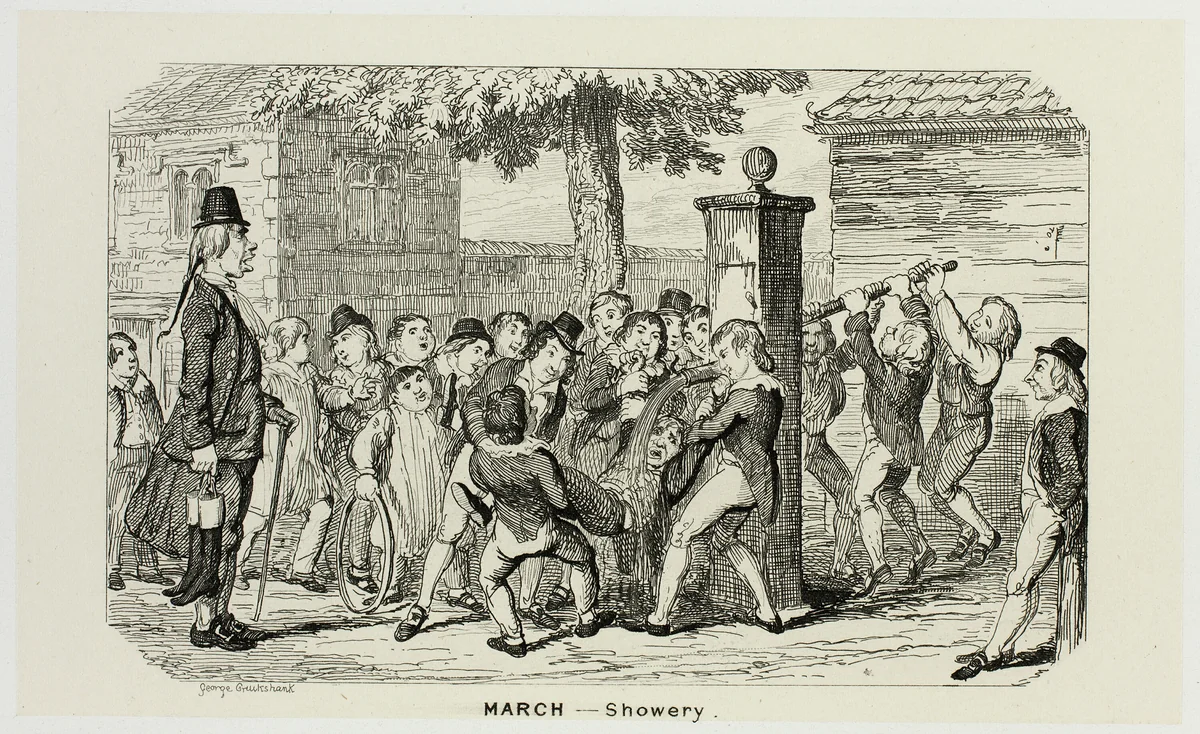 March - Showery from George Cruikshank's Steel Etchings to The Comic Almanacks: 1835-1853 by George Cruikshank, print, 1839