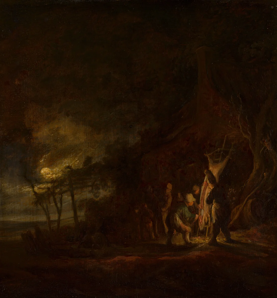 Slaughtered Pig in a Moonlit Landscape by Cornelis Symonsz van der Schalcke, painting, 1644