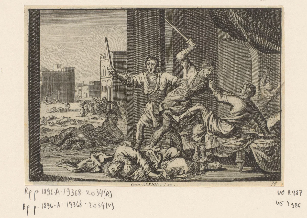 Simeon en Levi doden de Sichemieten by Jan Luyken, print, 1703-1762