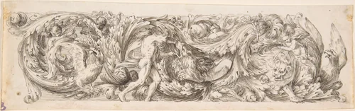 Frieze with Acanthus Scrolls and a Man (Hercules?) fighting a Lion by Jean Le Pautre, drawing, 1600-1699