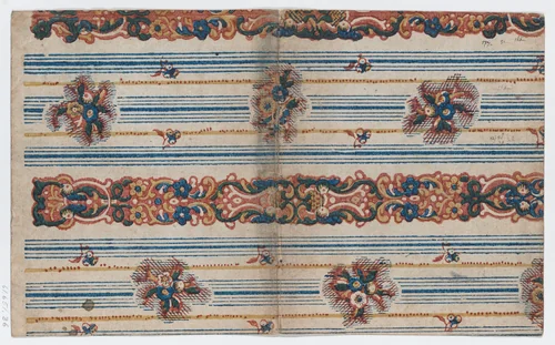 Book cover with overall striped and floral design by anonymous, print, 1800-1900