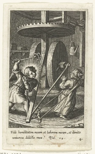 Engel drijft geblinddoekt kind met zweep voor zich uit in tredmolen by Boëtius Adamsz. Bolswert, print, 1590-1624
