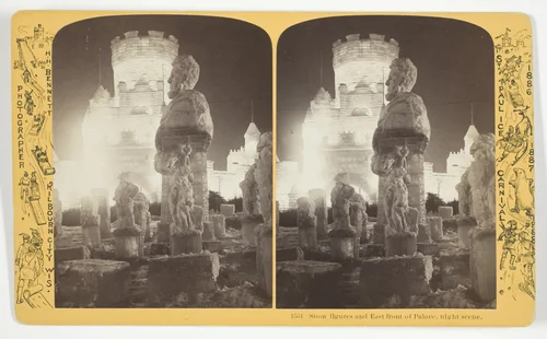 Snow figures and East front of Palace, night scene, No. 1551 from the series "St. Paul Ice Carnival" by Henry Hamilton Bennett, photograph, 1868-1888