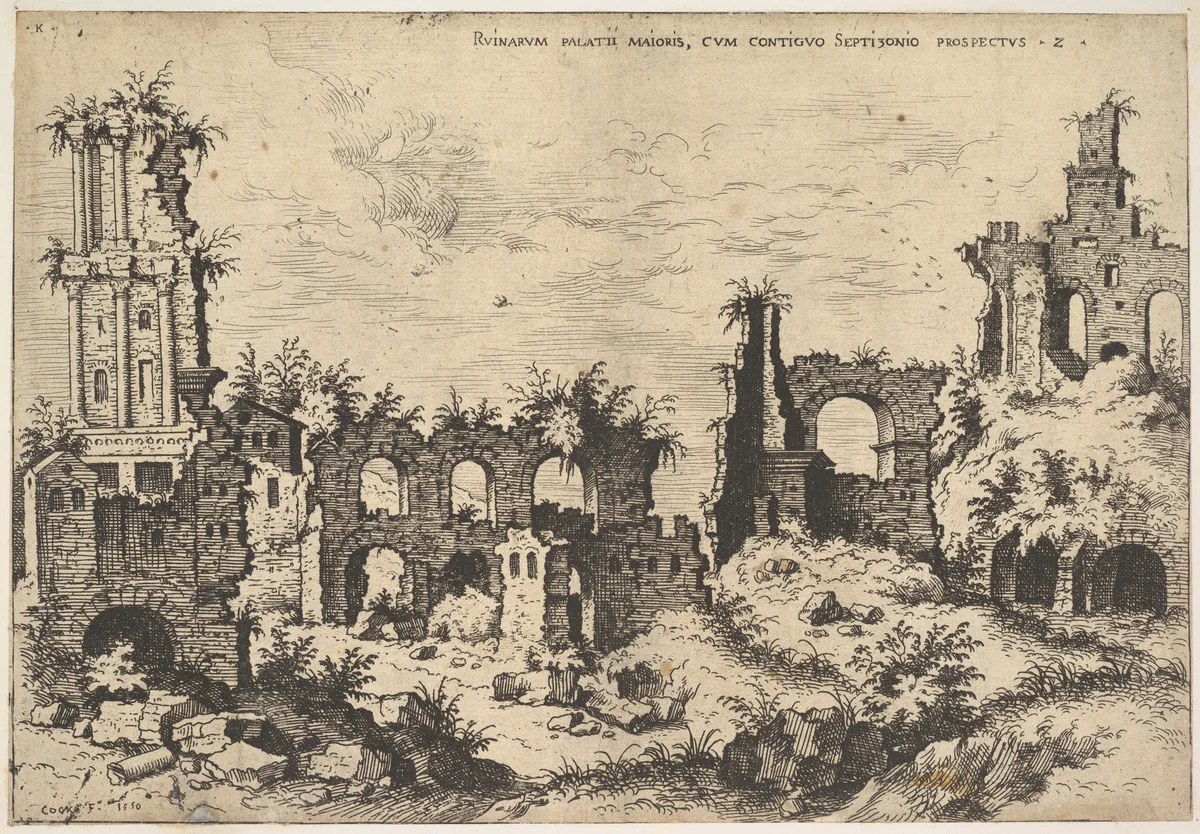 View of ruins on the Palatine Hill with trabeated facade at left and arcades at center, from "The Ruins of Rome" (Praecipua aliquot Romanae antiquitatis ruinarum monimenta, vivis prospectibus) by Hieronymus Cock, print, 1550