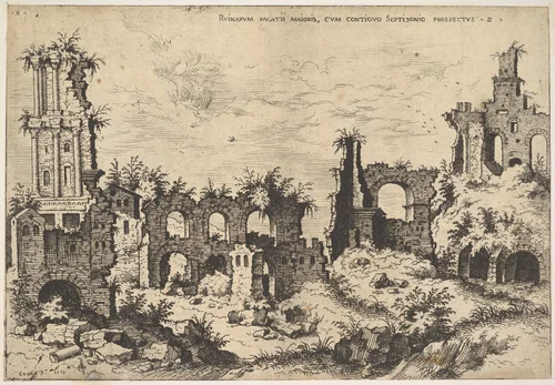 View of ruins on the Palatine Hill with trabeated facade at left and arcades at center, from "The Ruins of Rome" (Praecipua aliquot Romanae antiquitatis ruinarum monimenta, vivis prospectibus) by Hieronymus Cock, print, 1550