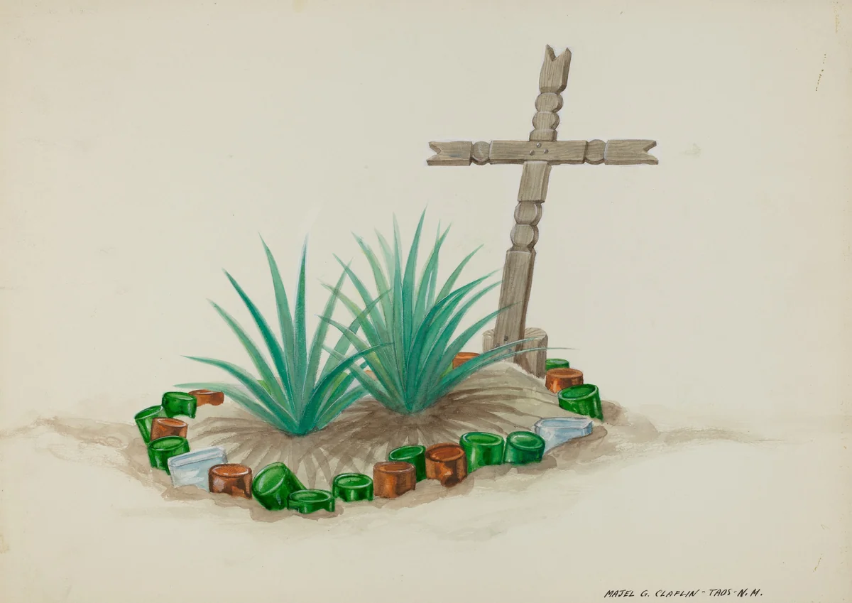 Child's Grave with Wooden Cross - Bottle Decorations by Majel G. Claflin, index of american design, 1937