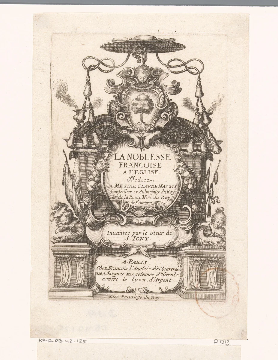 Titelprent met cartouche, kardinaalshoed en het wapen van Claude Maugis by Abraham Bosse, print, 1638-1639
